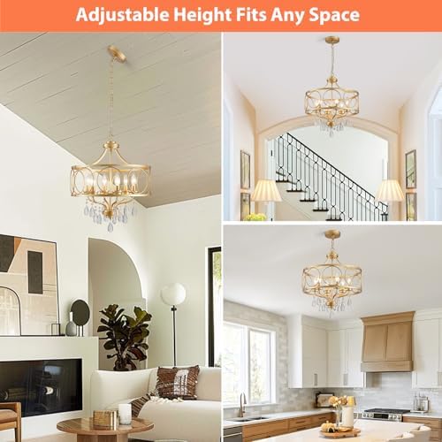 6-Light Modern Gold Crystal Chandelier, 17.7" Farmhouse Ceiling Light Fixture, Hanging Metal Pendant Lights Kitchen Island Dining Room Entryway Foyer - Image 6