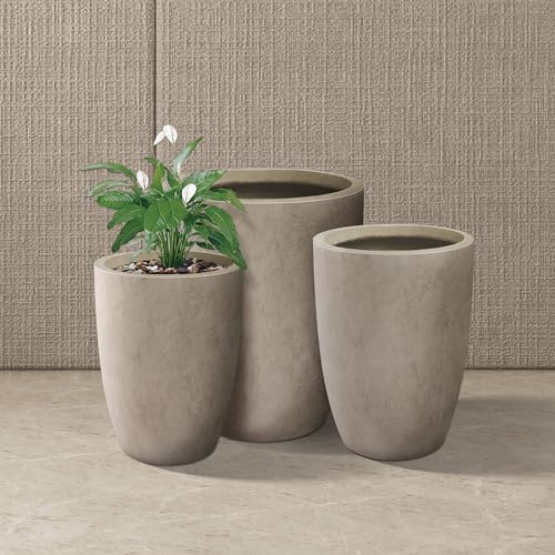Kante 18.1",20.5",22.4" H Tall Round Concrete Planters Set of 3, Outdoor Indoor Modern Decorative Plant Pots with Drainage Hole & Rubber Plug for Home & Garden Weathered Concrete - Image 3