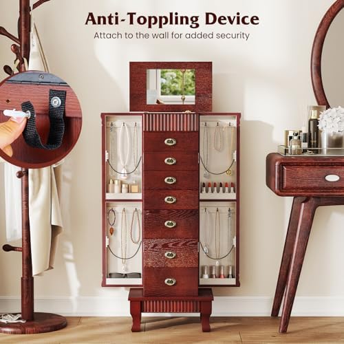 DREAMADE Jewelry Armoire, Standing Jewelry Box w/Mirror & 7 Drawers, Brown - Image 6