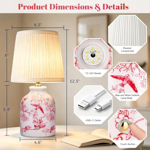 ShineTech Rechargeable Cordless Small Ceramic Table Lamps Set of 2, Red - Image 4