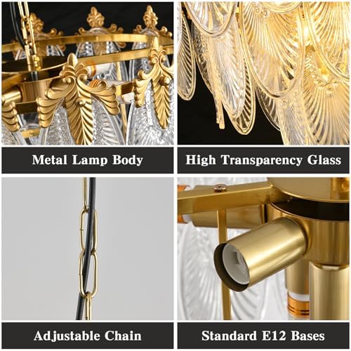 KELUOLY Modern Large Crystal Chandelier, 4-Layer Gold Glass Chandelier, 12 Light Round Antique Ceiling Pendant Light, 31.5 Inchs Adjustable Height for Foyer, Living Room, Bedroom, Dining Room - Image 4