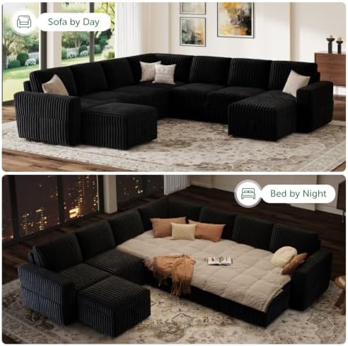 HONBAY Modular Sectional Sleeper Sofa with Pull Out Bed Oversized Corduroy L Shaped Sofa Bed with Storage Couches for Living Room,Black - Image 4