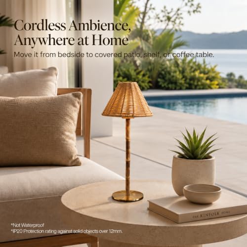 Bamboo Cordless LED Table Lamp – Rechargeable 24-Hour Battery, Dimmable Warm Light, Portable Wireless Lamp with Remote for Indoor/Outdoor Use, Home, Patio, Restaurant – (NATURAL RATTAN), 14.95" Tall - Image 6