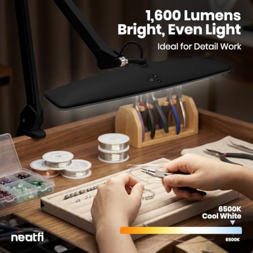 Neatfi Elite HD XL Desk Lamp – 1,600 Lumens, 22” Wide Head, 6500K Daylight | Non-Polar Dimming, Adjustable | Office, Study & Home Workspace (Black, Non-CCT with Clamp, 22 Inches) - Image 6