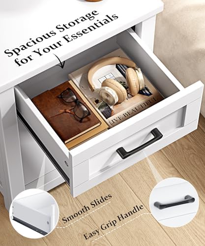 Decofy Farmhouse Nightstand with Charging Station, Pure White - Image 6