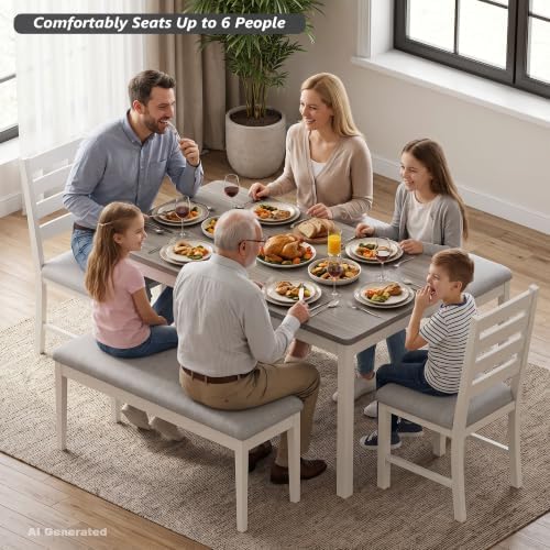 ROCSUMOO 5-Piece Dining Table and Chair Set with 2 Chairs & 2 Benches, Grey - Image 3