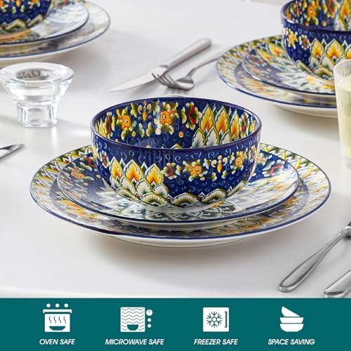 vancasso 12 Pieces Dinnerware Sets, Blue Plates and Bowls Set, Porcelain Dishes Set for 4, Microwave and Dishwasher Safe, Scratch Resistant, Bohemian Style Dining Ware Service for 4, Series SIMI - Image 4