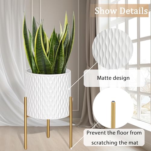 ARNIS Plants Pots with Stand, Set of 2 Planters, Unique Mid Century Decorative Metal Flower Pots with Drainage, 10.5 & 12.25 Inch, White and Gold - Image 3