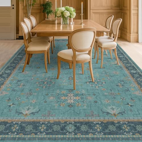 Boho Teal 7x9 Soft Rugs for Living Room, Washable Turquoise Rug for Bedroom Under Bed, Vintage Non Slip Floral Dining Room Carpet, Low Pile Soft Fade Resistant - Image 3