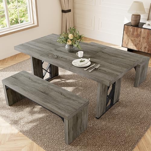 HIPIHOM 3-Piece Dining Table Set for 6 People, Grey Table with 2 Benches - Image 7