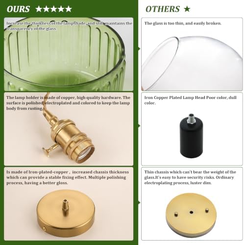 Shenmoyl Pendant Light 2 Pack with Green Striped Glass Lmapshade, Brass Vintage Pendant Light Adjustable Hanging Light for Kitchen Island Dining Room Hallway - Image 6