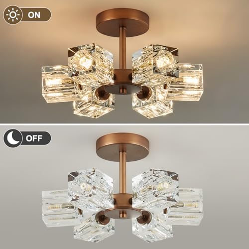 Crystal Antique Semi Flush Ceiling: Vintage Bronze Brass Sputnik Chandelier - Image 4