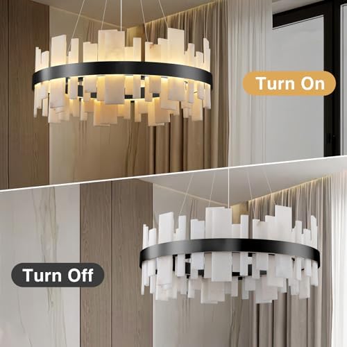 Alabaster Round Chandelier,Adjustable 31.5in Modern Luxury Round Fixture with Organic Veins, Dimmable Warm Glow - Spanish Natural Stone Linear Chandelier for Living Room, Bedroom, Foyer,Dining Room - Image 3