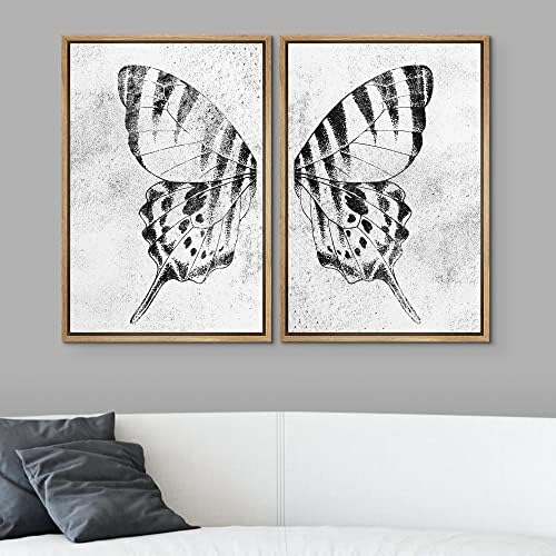 SIGNWIN Framed Canvas Print Wall Art Set Black & White Monarch Butterfly Wing Insect Nature Wilderness Illustrations Modern Art Rustic Relax/Calm for Living Room, Bedroom, Office - 16""x24""x2 Natural - Image 2