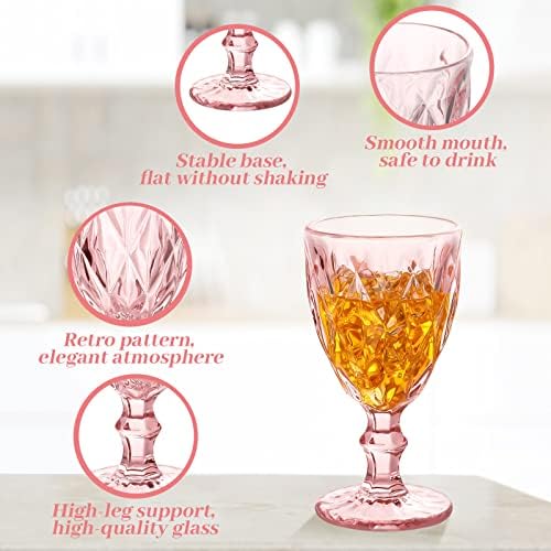 Yinder Glass Goblet Vintage Wine Goblet Embossed Glassware 10 oz Solid Color Glass Stemmed Cups for Iced Tea Beverage Soda Juice Water Liquor and Party Wedding Bars Restaurants(Pink,12 Pack) - Image 3