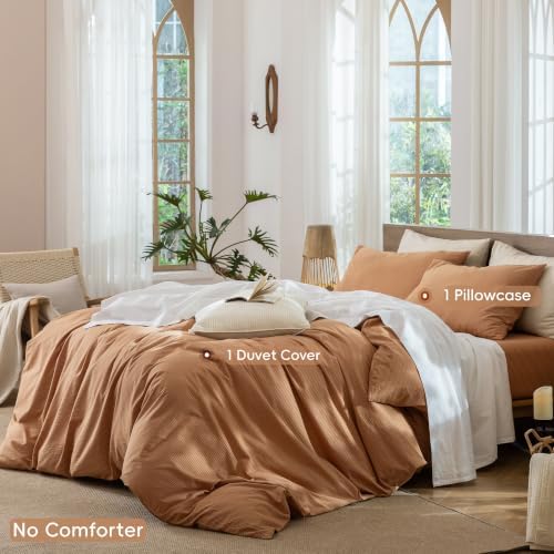 MooMee Striped Duvet Cover Set 100% Washed Cotton Linen Like Queen - Image 3