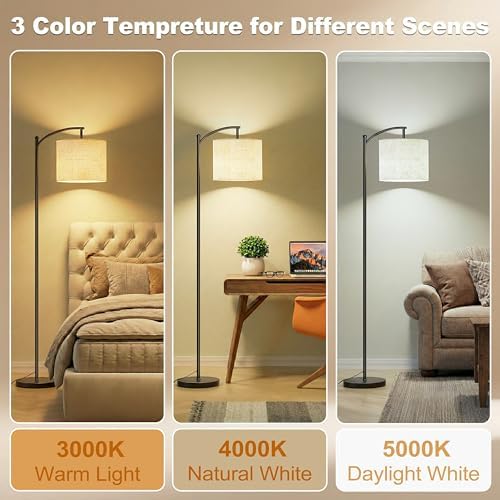 mukuxin Floor Lamp, LED Floor Lamp with Foot Switch & Adjustable Linen Lampshade, 3 Color Temperature Tall Modern ARC Standing Lamps for Living Room Office Bedroom (9W Blub Included) - Image 2