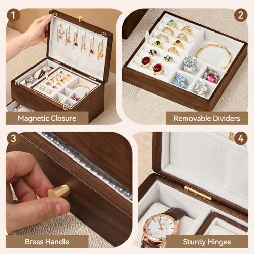 Black Walnut Wooden Jewelry Box for Women, 3 Layer Organizer with Drawer - Image 6