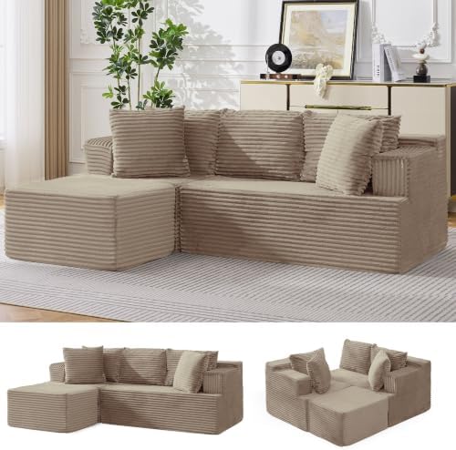 Korser Boneless Couches for Living Room, Cloud Couch Sectional with Ottoman, L-Shaped Sofa with Fluffy Comfy Corduroy Deep Seat, Bedroom, Apartment, No Assembly Required by KORSER