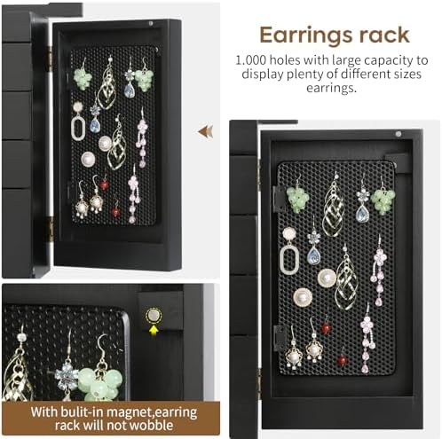 Meangood Jewelry Box Jewelry Organizer, 5-Layer Wooden Jewelry Organizers and Storage Boxes for Women Girls, Ring Earring Bracelet Necklace Holder Organizer with Mirror & Drawers(Black) - Image 5