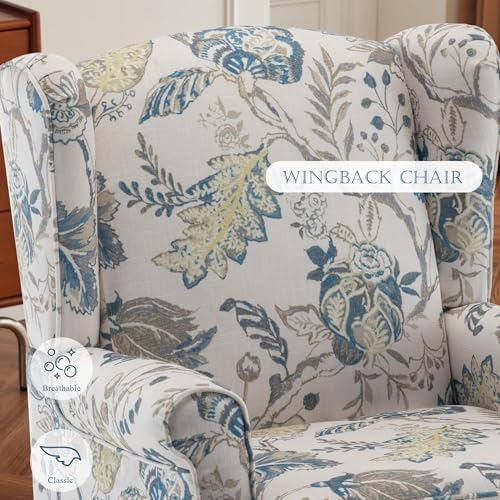 YOLENY Floral Accent Chair, High Back Upholstered Armchair with Solid Legs, Leisure Single Sofa Chair for Living Room, Bedroom, Home Office, Blue Floral - Image 4
