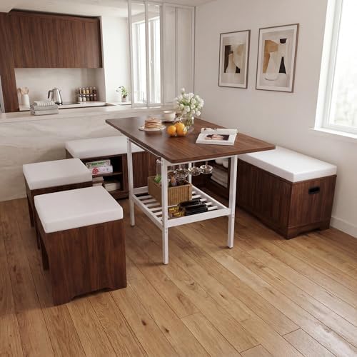 Extendable 6-Piece Breakfast Nook Set with Storage Benches & Stools, Corner Dining Table Set with Wine Glass Holder, Space-Saving Kitchen Table for Indoor/Outdoor Use (Walnut+White Cushion) by MOMOKOVA
