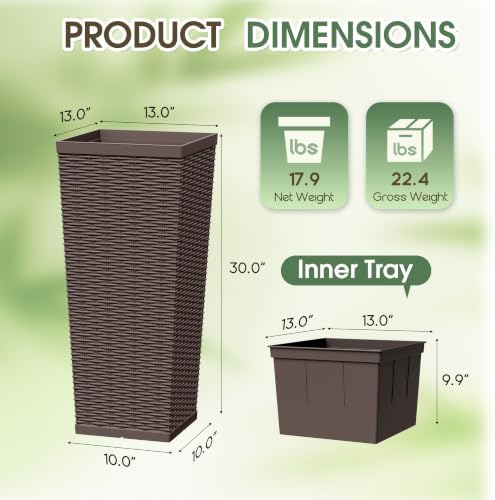 30 Inch Tall Plastic Planters(Set of 2) with Drainage Holes, Brown - Image 7