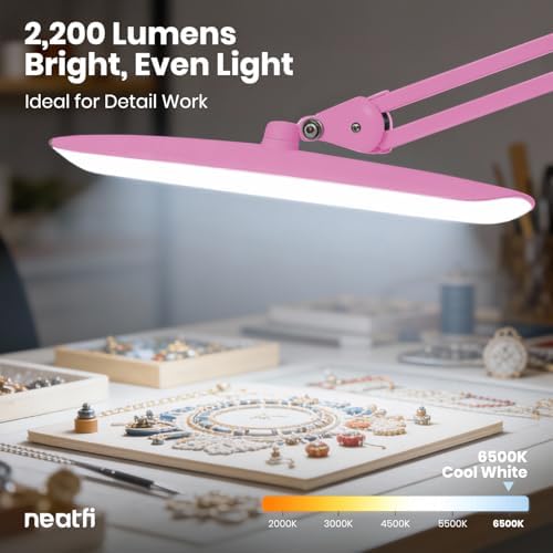 Neatfi XL 2200 Lumens 24W LED Desk Lamp – Shadow-Free Task Lighting | 4-Level Dimming | Home Office & Crafts Use | 20-Inch Wide Head (Pink, Non-CCT with Clamp) - Image 6
