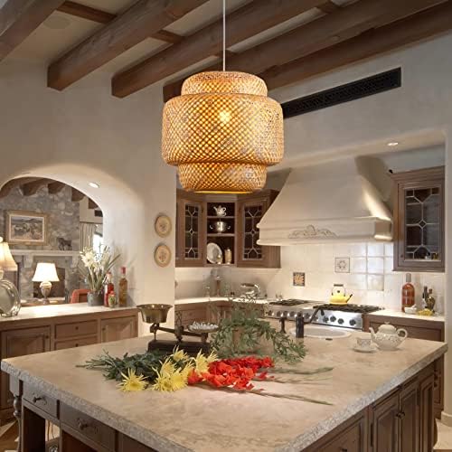 Bamboo Pendant Light - Boho Basket Chandelier Handmade Woven Pendant Light, Natural Wicker Rattan Hanging Chandelier for Kitchen Island Dining Room Living Room Porch - Image 3