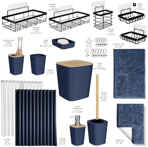 Clara Clark Bathroom Accessories Set - 27PC Bathroom Set with Adhesive Corner Shower Caddy Hanging, Bathroom Sets with Shower Curtain and Rugs, Navy Blue Shower Curtain Set with Bathroom Trash Can - Image 3