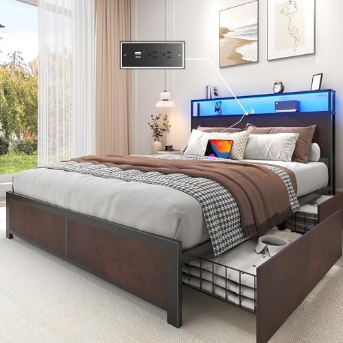 Lifezone Full Bed Frame with 2-Tier Storage Headboard, Metal Platform Bed Frame with 4 Storage Drawers, Built in Charging Station & LED, Noise-Free/Metal Support/No Box Spring Needed, Coffee Brown by Lifezone