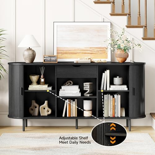 ONBRILL 63" Sideboard Buffet Cabinet with Storage Drawer & Shelves,Black - Image 4