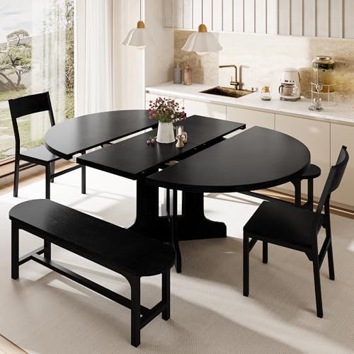 iPormis 5-Piece Round Dining Table Set for 4-6, 59" Extendable Dining Room Table Set with 2 Ergonomic Chairs & 2 Benches, Oval Modern Dinette Table with Metal Frame & MDF Board, Space-Saving, Black - Image 3