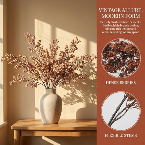 3 Pcs Artificial Berry Stem Spring Faux Flowers,35" Stems Fake Dried Berries, Faux Berry Picks for Vase,Wabi-Sabi Floral Decor for Home, Wedding,Table Centerpiece,Fall,Boho Decor (Red) - Image 2