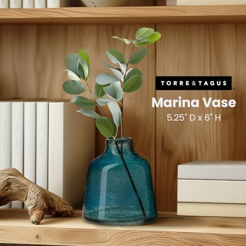 Torre & Tagus 6 Inch Tall Blue Glass Vase with Gold Flakes, Mouth Blown Glass Vase Blue Flower Vase Centerpieces, Watertight for Hydroponic Plants, Coastal Decor Accents (Marina) - Image 2