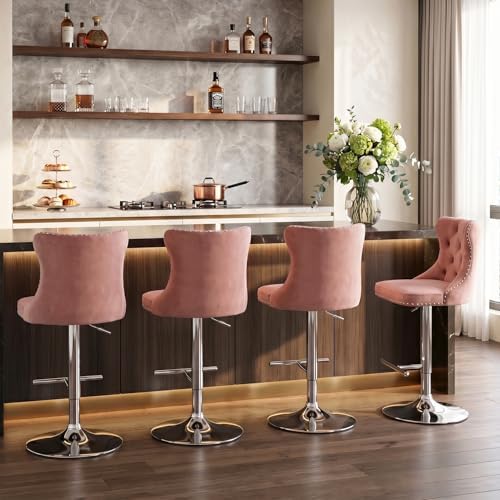 SoarFlash Velvet Bar Stool Set of 4, Adjustable Swivel Bar Stools with Silver Plated Metal Leg, Button Tufted, Footrest, Chrome Nailhead, Counter Height Chair for Kitchen,Dining Room (Pink) - Image 3