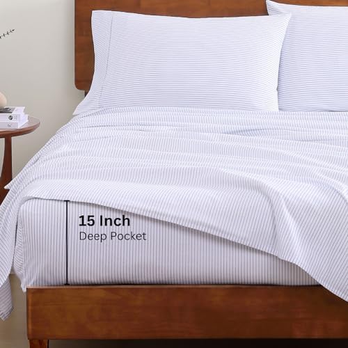 LANE LINEN Full Size Bed Sheets 100% Organic Cotton Soft - Ticking Stripe - Image 4