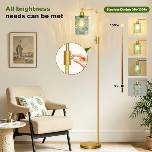 【Upgraded】 Dimmable Floor Lamp for Living Room with Green Feather Glass Lampshade, Gold Modern Floor Lamp with 900LM LED Bulb Included, Arc Standing Tall Lamp for Bedroom, Office, Reading Room, Corner - Image 4