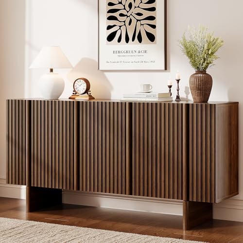 ONBRILL 63" Fluted Sideboard Cabinet with Storage Adjustable Shelves Walnut by ONBRILL