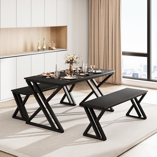 GarveeHome Kitchen Table with 2 Benches, Dining Table Set for 4,Black by GarveeHome