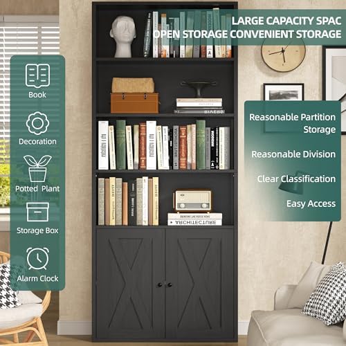 Shintenchi Bookshelf, Industrial Bookshelves and Bookcases with Doors Floor Standing 6 Shelf Display Storage Shelves 70.9 inches Tall Bookcase for Home Office, Living Room (Black) - Image 4
