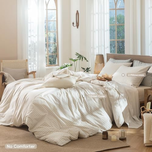 MooMee Striped Duvet Cover Set 100% Washed Cotton Linen Like King - Image 3