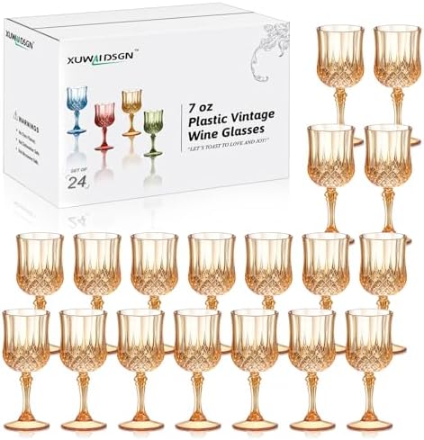 XUWAIDSGN 24Pcs 7oz Plastic Vintage Wine Glasses Drinking Glasses Unbreakable Wedding Glassware Crystal Water Goblets Reusable Drinkware Vintage Champagne Flutes (24, Amber) by XUWAIDSGN
