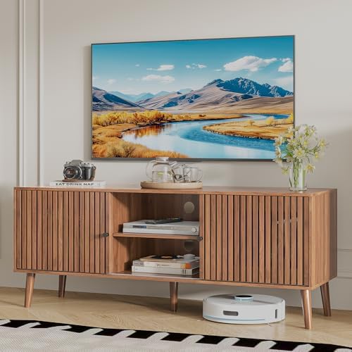 Oubayajia Mid Century Modern TV Stand for Televisions up to 60 Inches, with Sliding Doors and Storage, Television Stands, TV Consoles, Media Consoles for Living Room(Walnut-51.2inch) - Image 4