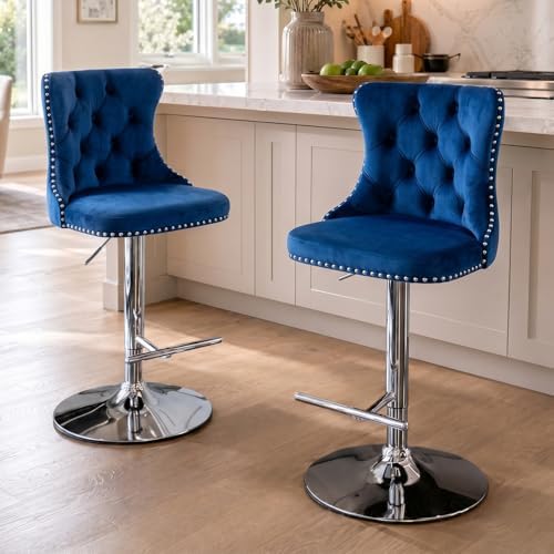 SoarFlash Velvet Bar Stool Set of 2, Adjustable Swivel Bar Stools with Silver Plated Metal Leg, Button Tufted, Footrest, Chrome Nailhead, Counter Height Chair for Kitchen, Bar, Dining Room (Blue) by SoarFlash