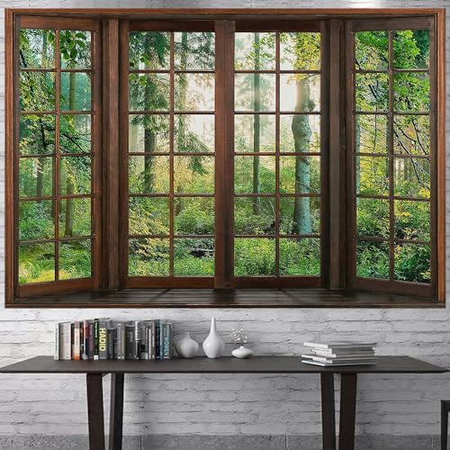 Green Forest Window Tapestry Natural Scenery Tapestry for Bedroom 93"x 71" by Aidatain
