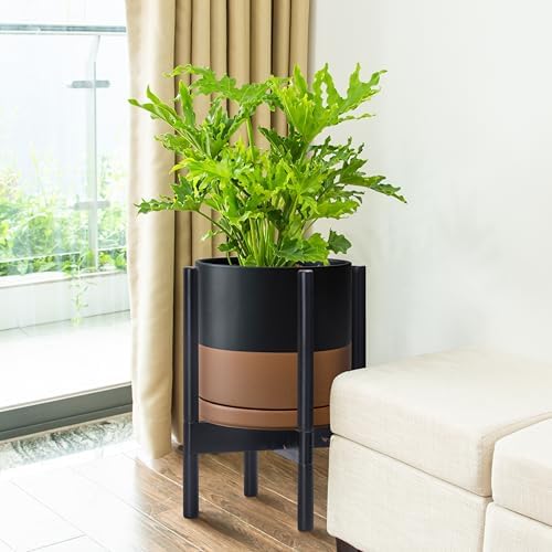 D'vine Dev Ceramic Pot with Ebony Wood Stand, Black/Tan, 10 in, 55-B-L-7 - Image 2