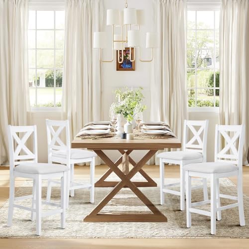 COLAMY Wooden Bar Stools Set of 4, Counter Height Bar Stools, Mid Century Modern Bar Stools with Backs, 25 Inch Upholstered Fabric Wooden Barstools for Kitchen Island Dining Room Bar, Grey White Wash - Image 3