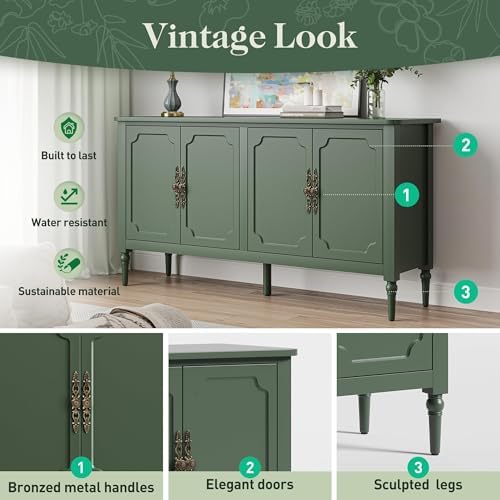 RoyalCraft 118" Buffet Cabinet with Storage, Vintage Sideboard with Adjustable Shelves, Mid Century Modern Painted Credenza Coffee Bar for Kitchen, Dining Room, Entryway, Living Room, Forest Green - Image 5