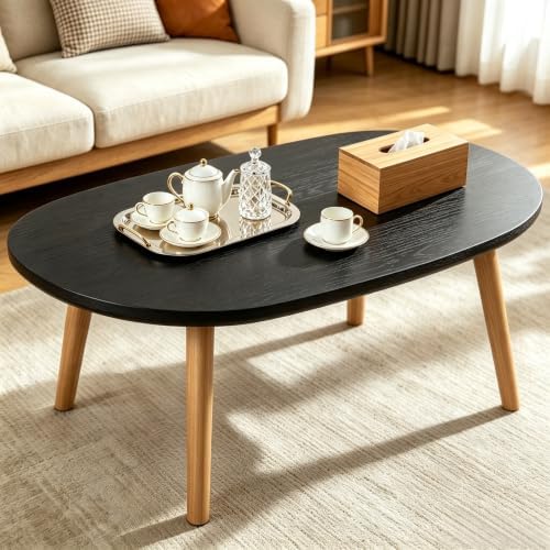 Coffee Table Low Table with Solid Wood Legs, 31.5x19.7 Large Coffee Table Side Table, Floor Table Desk for Sitting on The Floor, Living Room Furniture for Office Apartment Home, Oval Black by FURMORENE